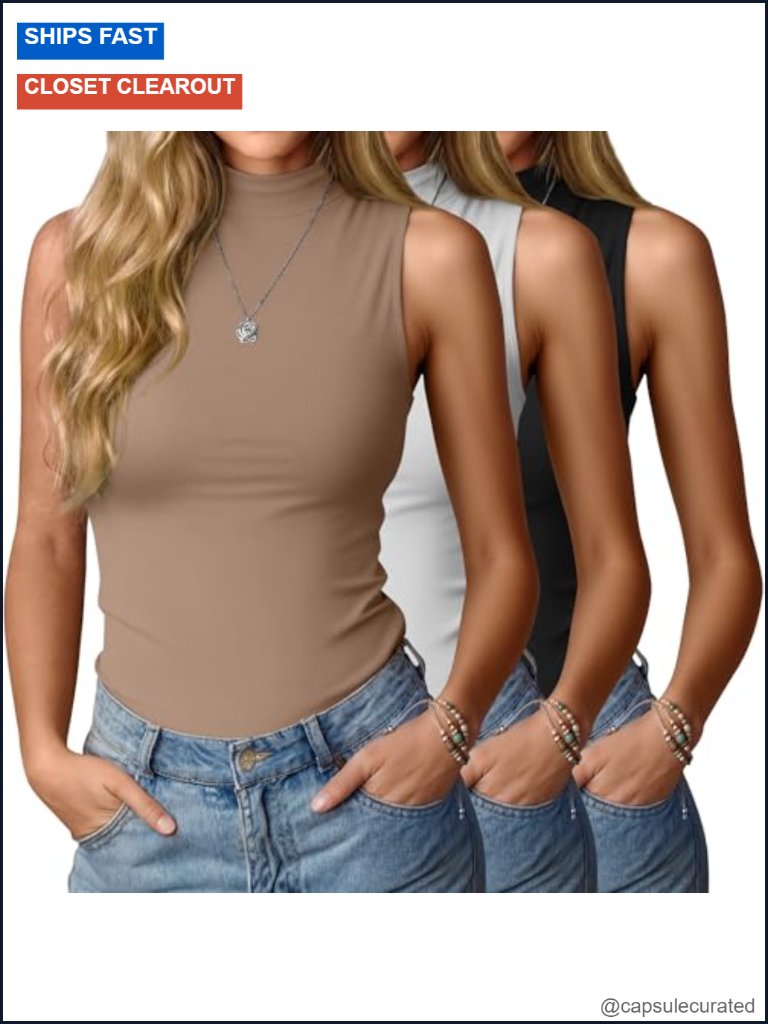 3 Pack Women's Mock Neck Tank Tops Sleeveless Slim Fit Stretch Knit Summer